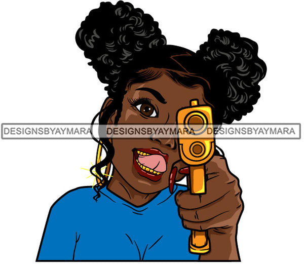 Afro Black Woman Badass Goddess Hustle Woman Aiming Gun Armed Pigtails Hair Style SVG Cutting Files For Silhouette Cricut