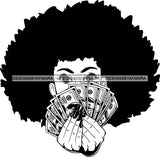 Black Lola Holding Money With Big Afro Black And White SVG JPG PNG Vector Clipart Cricut Silhouette Cut Cutting
