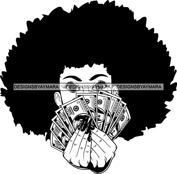 Black Lola Holding Money With Big Afro Black And White SVG JPG PNG Vector Clipart Cricut Silhouette Cut Cutting