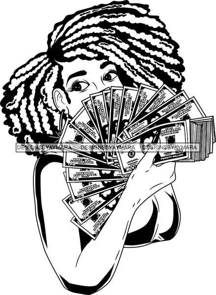 Black Lola Holding A Fan Money With Locs Black And White SVG JPG PNG Vector Clipart Cricut Silhouette Cut Cutting