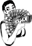 Black Lola Holding A Fan Money With Short Afro Black And White SVG JPG PNG Vector Clipart Cricut Silhouette Cut Cutting