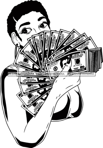 Black Lola Holding A Fan Money With Short Afro Black And White SVG JPG PNG Vector Clipart Cricut Silhouette Cut Cutting