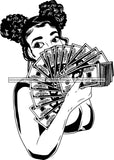 Black Lola Holding A Fan Money Black And White SVG JPG PNG Vector Clipart Cricut Silhouette Cut Cutting
