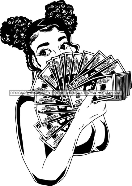 Black Lola Holding A Fan Money Black And White SVG JPG PNG Vector Clipart Cricut Silhouette Cut Cutting