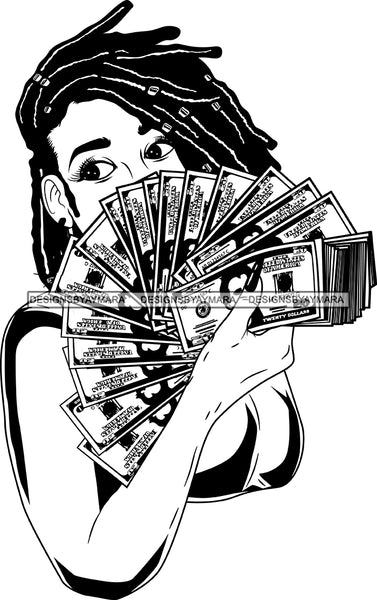 Black Lola Holding A Fan Money With Locs Black And White SVG JPG PNG Vector Clipart Cricut Silhouette Cut Cutting