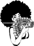 Black Lola Holding A Fan Money With Big Afro Black And White SVG JPG PNG Vector Clipart Cricut Silhouette Cut Cutting
