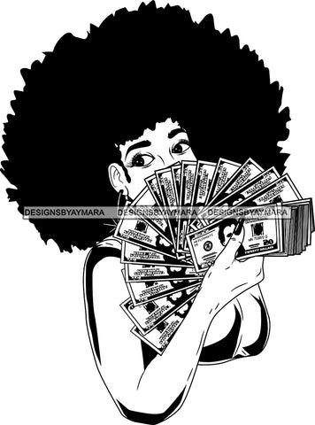Black Lola Holding A Fan Money With Big Afro Black And White SVG JPG PNG Vector Clipart Cricut Silhouette Cut Cutting