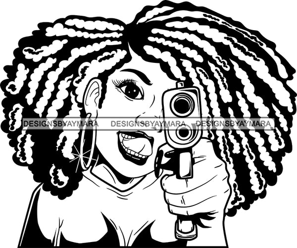 Black Lola Holding A Gun With Locs Black And White SVG JPG PNG Vector Clipart Cricut Silhouette Cut Cutting