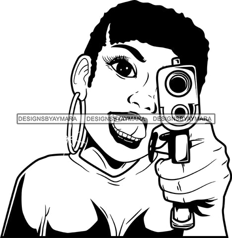 Black Lola Holding A Gun With Short Afro Black And White SVG JPG PNG Vector Clipart Cricut Silhouette Cut Cutting