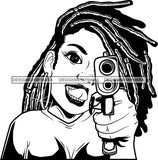 Black Lola Holding A Gun With Locs Black And White SVG JPG PNG Vector Clipart Cricut Silhouette Cut Cutting