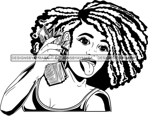 Black Lola With Money And Locs  Black And White SVG JPG PNG Vector Clipart Cricut Silhouette Cut Cutting