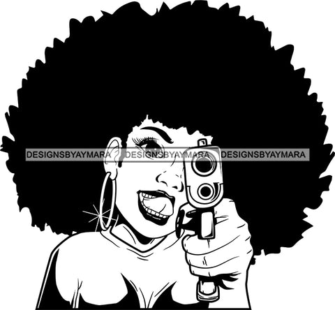 Black Lola Holding A Gun With Locs Big Afro Black And White SVG JPG PNG Vector Clipart Cricut Silhouette Cut Cutting