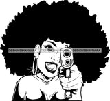 Black Lola Holding A Gun With Big Afro Black And White SVG JPG PNG Vector Clipart Cricut Silhouette Cut Cutting