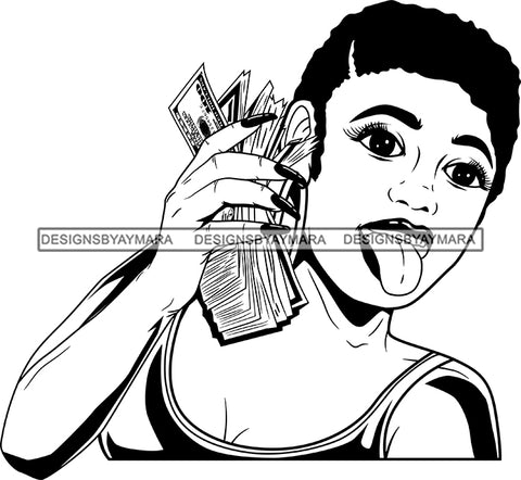 Black Lola With Money Short Afro Black And White SVG JPG PNG Vector Clipart Cricut Silhouette Cut Cutting