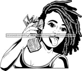 Black Lola With Money Locs Tongue Out Black And White SVG JPG PNG Vector Clipart Cricut Silhouette Cut Cutting