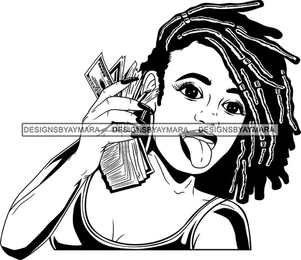 Black Lola With Money Locs Tongue Out Black And White SVG JPG PNG Vector Clipart Cricut Silhouette Cut Cutting