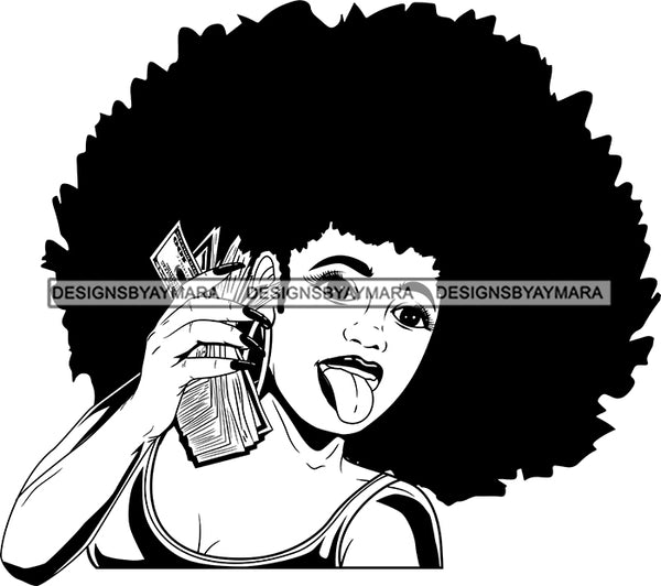 Black Lola With Money Big Afro Tongue Out Black And White SVG JPG PNG Vector Clipart Cricut Silhouette Cut Cutting
