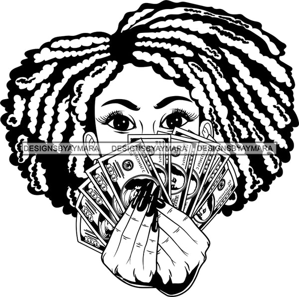 Black Lola With Money With Locs Black And White SVG JPG PNG Vector Clipart Cricut Silhouette Cut Cutting