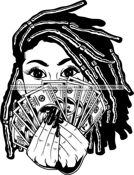 Black Lola Holding Money With Locs Black And White SVG JPG PNG Vector Clipart Cricut Silhouette Cut Cutting