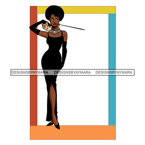 Hot Black Curly Hairs Woman Wearing Long Dress Smoking Necklace Stick In Mouth Cat Shoulder Magic Melanin Nubian African American Lady Colorful Border Vector SVG JPG PNG Clipart Cricut Silhouette Cut Cutting