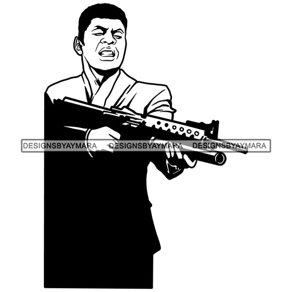 Angry Gangster Man Holding Riffle Gun Shooting Black Tattoo Abstract Isolated Silhoutte Boy Vector Art SVG JPG PNG Clipart Cricut Silhouette Cut Cutting