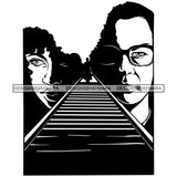 Couple Woman Man Walking Railway Track Boy Wearing Glasses Girl Black And White Vector Art SVG JPG PNG Clipart Cricut Silhouette Cut Cutting