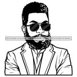Curly Hairs Long Beard Mustache Man Wearing Sunglasses Coat Hand Folded Black And White Tattoo SVG JPG PNG Vector Clipart Cricut Silhouette Cut Cutting