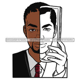 Black Man Wearing Coat Tie Holding Black And White Half Face Picture Image Newspaper Book Black Beard Melanin Nubian African American Body Builder Boy SVG JPG PNG Vector Clipart Cricut Silhouette Cut Cutting