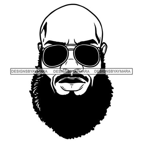 Long Curly Hairs Beard Mustache Man Bald Head Shaved Wearing Sunglasses Black And White Tattoo SVG JPG PNG Vector Clipart Cricut Silhouette Cut Cutting