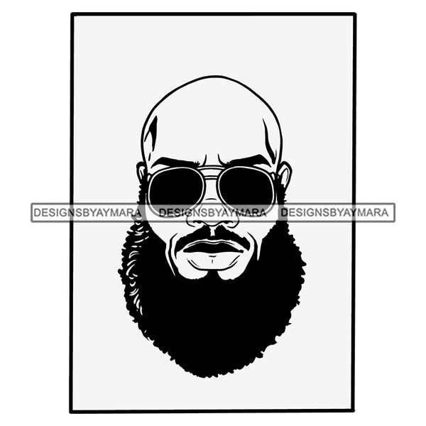 Long Curly Hairs Beard Mustache Man Bald Head Shaved Wearing Sunglasses Black And White Image Photo Tattoo SVG JPG PNG Vector Clipart Cricut Silhouette Cut Cutting