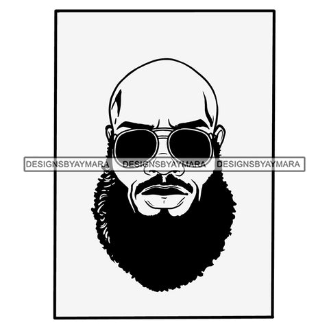 Long Curly Hairs Beard Mustache Man Bald Head Shaved Wearing Sunglasses Black And White Image Photo Tattoo SVG JPG PNG Vector Clipart Cricut Silhouette Cut Cutting