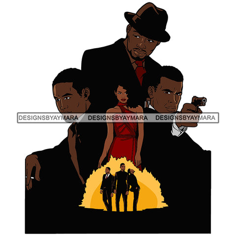 Black Gangster Man Boy Woman Group Girl Wearing Red Hot Dress Man Wearing Black 3 Piece Suit Cowboy Hat Cap Robber Criminal Thief Street Hustler Hustling Badass Nubian African American Lady SVG JPG PNG Vector Clipart Cricut Silhouette Cut Cutting