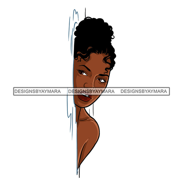 Black Woman Watching Behind Wall Water Nude Naked Girl Hiding Curly Hairs Tattoo Magic Melanin Nubian African American Lady White Background SVG JPG PNG Vector Clipart Cricut Silhouette Cut Cutting
