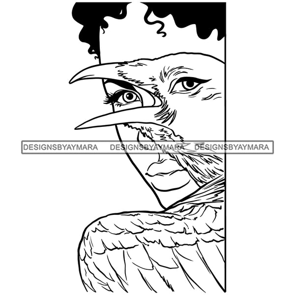 Black Raven Open Mouth Woman Curly Hairs Girl Black And White Dangerous Bird Tattoo Magic Melanin Nubian African American Lady SVG JPG PNG Vector Clipart Cricut Silhouette Cut Cutting