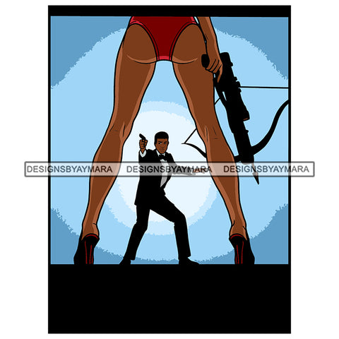 Man Wearing Black 3 Piece Pent Coat Bow Holding Gun Pistol Shooting Sexy Hot Black Woman Panty High Heel Girl Holding Crossbow Arrow Gun Archery Tattoo Magic Melanin Nubian American Lady SVG JPG PNG Vector Clipart Cricut Silhouette Cut Cutting