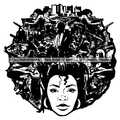 Woman Long Curly Hairs Group of Gangsters Holding Gun Riffle Man Guns Riffles Shooting Girl Magic Melanin Nubian American Lady Black And White SVG JPG PNG Vector Clipart Cricut Silhouette Cut Cutting