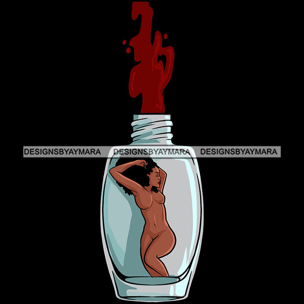 Long Curly Hairs Naked Woman Nude Girl Trapped In Glass Open Capped Bottle Jar Magic Melanin Nubian American Lady Black Background SVG JPG PNG Vector Clipart Cricut Silhouette Cut Cutting