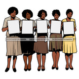 Black Curly Hairs Women Group Wearing Long Shirt Holding Blank White Board Chart Banner Poster Magic Melanin Nubian American Lady Protest SVG JPG PNG Vector Clipart Cricut Silhouette Cut Cutting