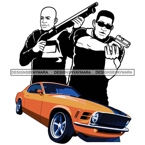 Gangster Man Group Holding Gun Pistol Shotgun Shooting Wearing Black Shirt Sunglasses Orange Sports Car Robber Criminal Thief Street Hustler Hustling Badass Nubian African American Boy SVG JPG PNG Vector Clipart Cricut Silhouette Cut Cutting