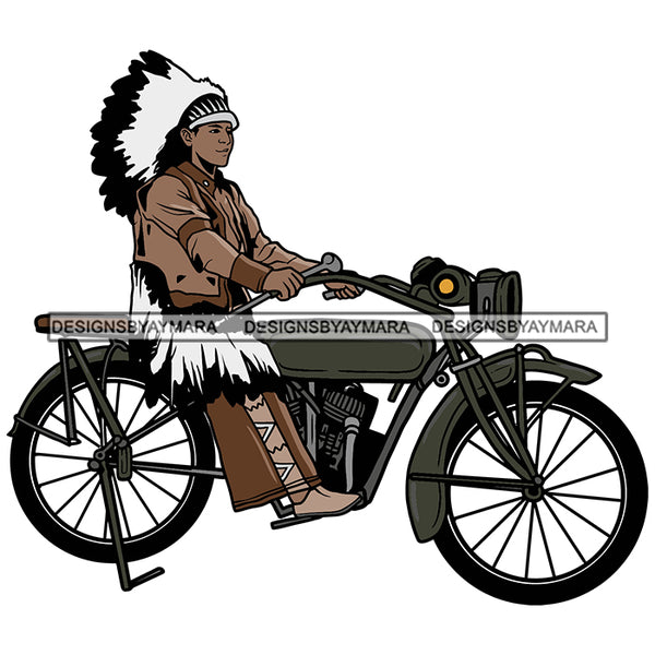 Indian Man Cherokee Native Warrior Wearing Fairy Cap Hat Brown Dress Ridding Bike Driving Motorbike Nubian African American Boy SVG JPG PNG Vector Clipart Cricut Silhouette Cut Cutting