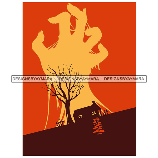 Horror Scary House Haunted Home Witch Giant Hand Orange Sky Leafless Tree SVG JPG PNG Vector Clipart Cricut Silhouette Cut Cutting