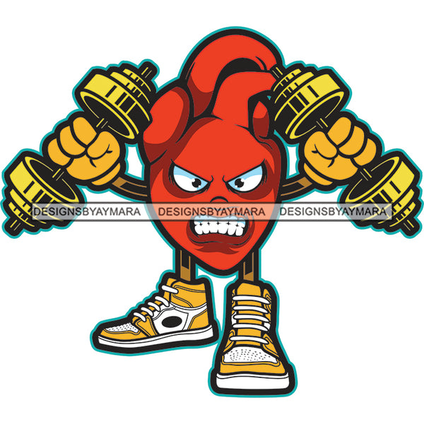 Bodybuilder Strong Angry Red Heart Holding Dumbbells Both Hands Gym Weights Fitness Human Boxer Boxing Gloves Sneakers SVG JPG PNG Vector Clipart Cricut Silhouette Cut Cutting