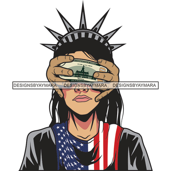 White Woman Wearing American Flag Black Dress Thorns Crown Blindfolded Dollar Cash Money SVG JPG PNG Vector Clipart Cricut Silhouette Cut Cutting