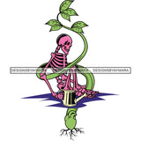 Human Horror Pink Skeleton Holding Plant Watering Pot Green Leaves Scary Bone Skull Head Bone Leaf Tree Evil SVG JPG PNG Vector Clipart Cricut Silhouette Cut Cutting