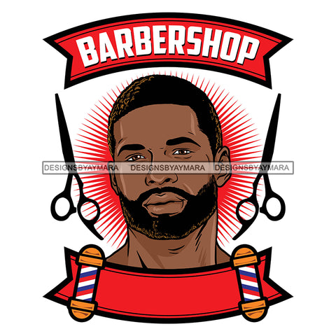 Afro Bearded Young Black Man Barbershop Red Logo Scissors Attractive Manly Mustache SVG JPG PNG Vector Clipart Cricut Silhouette Cutting