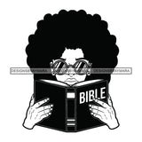 Woman Reading Bible Wearing Black Googles Holding Book Both Hands Curly Hairs Black And White SVG JPG PNG Vector Clipart Cricut Silhouette Cut Cutting