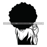 Woman Standing Backwards Holding Coffee Cup Wearing Shirt Dress Black Curly Hairs Hair Style Girl Black And White SVG JPG PNG Vector Clipart Cricut Silhouette Cut Cutting