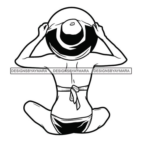 Sexy Woman Sitting Backwards Holding Wearing Cowgirl Hat Cap Wearing Bikini Hot Girl Black And White SVG JPG PNG Vector Clipart Cricut Silhouette Cut Cutting