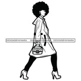 Walking Woman Holding Hand Bag Clutch Wearing Winter Long Coat Black Tights Pant High Heel Shoes Curly Black Hairs Hair Girl Black And White SVG JPG PNG Vector Clipart Cricut Silhouette Cut Cutting