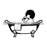 Women Sitting Bath Tub Having Shower Black Curly Hairs Hair Naked Nude Girl Holding Glass Drinking Cold Drink Black And White SVG JPG PNG Vector Clipart Cricut Silhouette Cut Cutting
